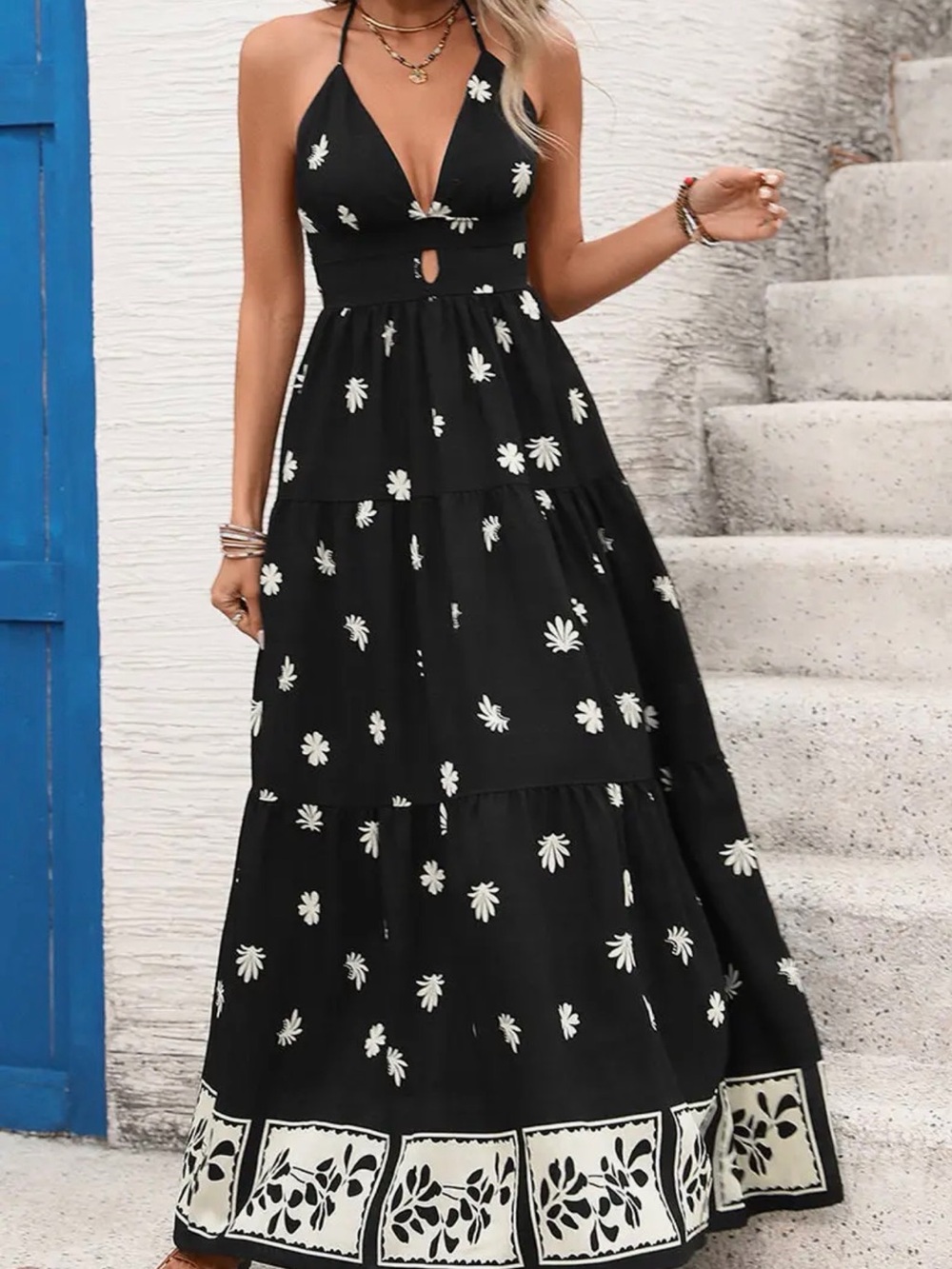 Black Floral Halter Maxi Dress with Border Hem